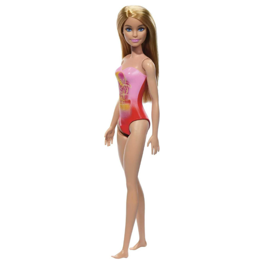 Beach Barbie Doll with Blond Hair Wearing Pink Palm Tree-Print Swimsuit